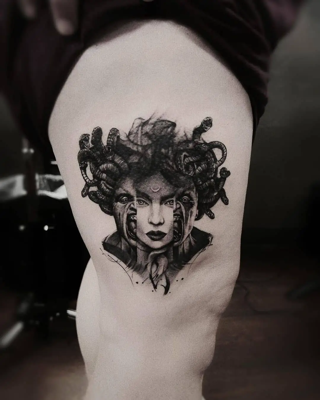 Medusa tattoo on thigh by m mark tattoos