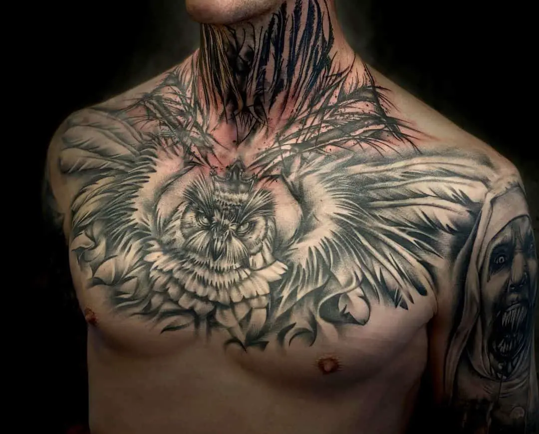 Owl tattoo on chest by katedomeny.tattoo