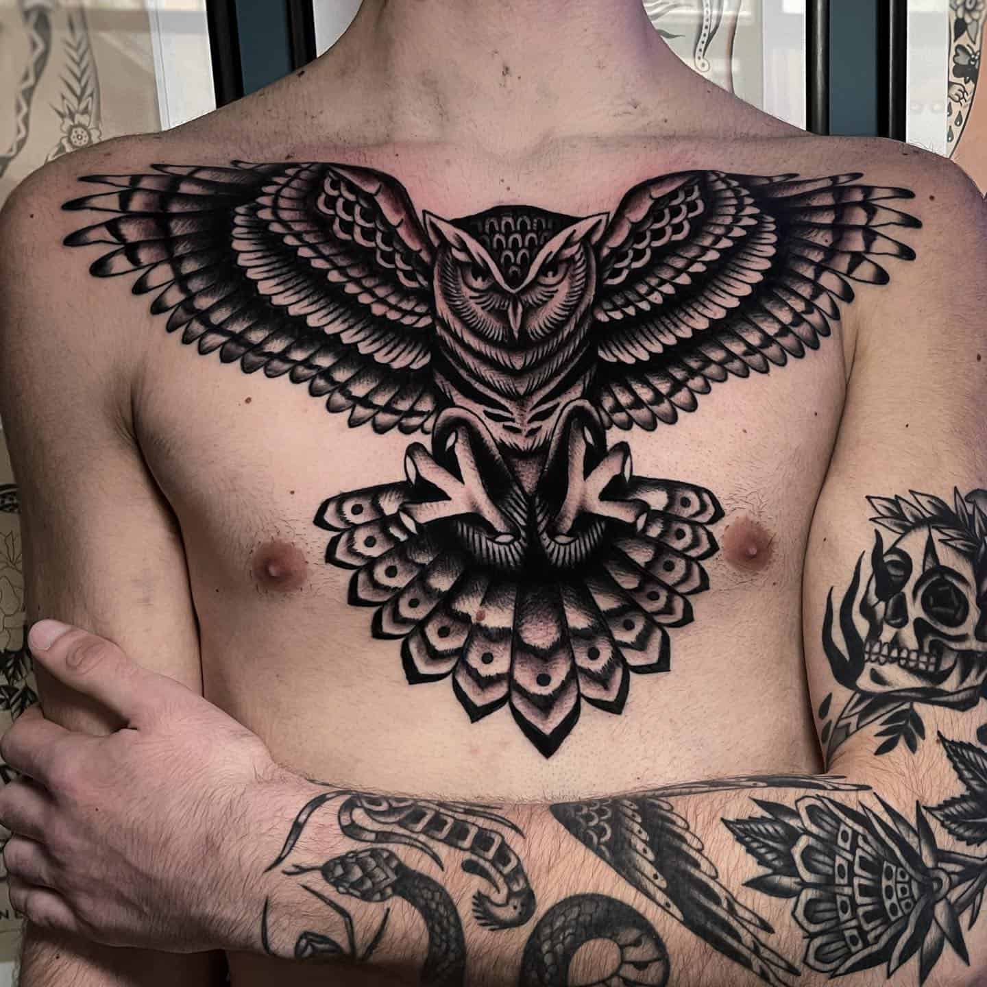 Traditional owl tattoo by roberto cambise tattoo