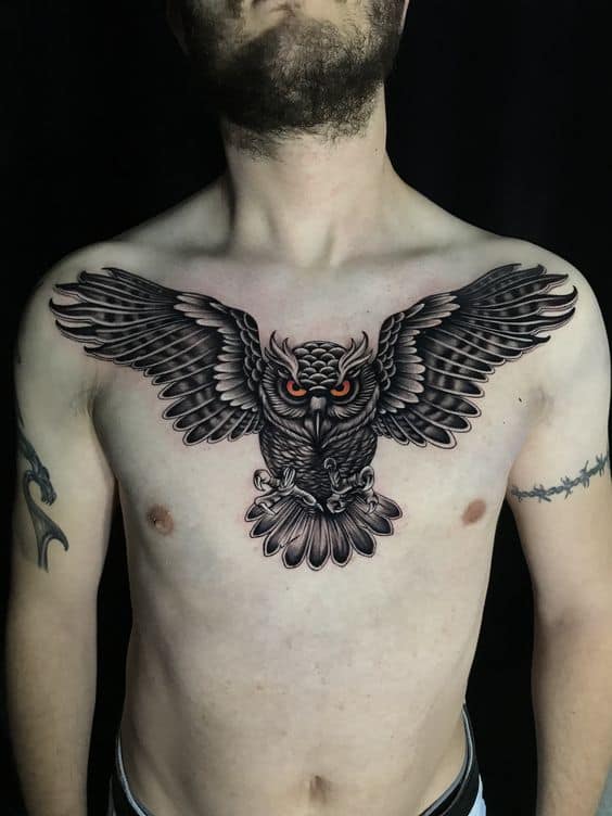 Owl chest tattoo by Jesse Rix | Photo 15024