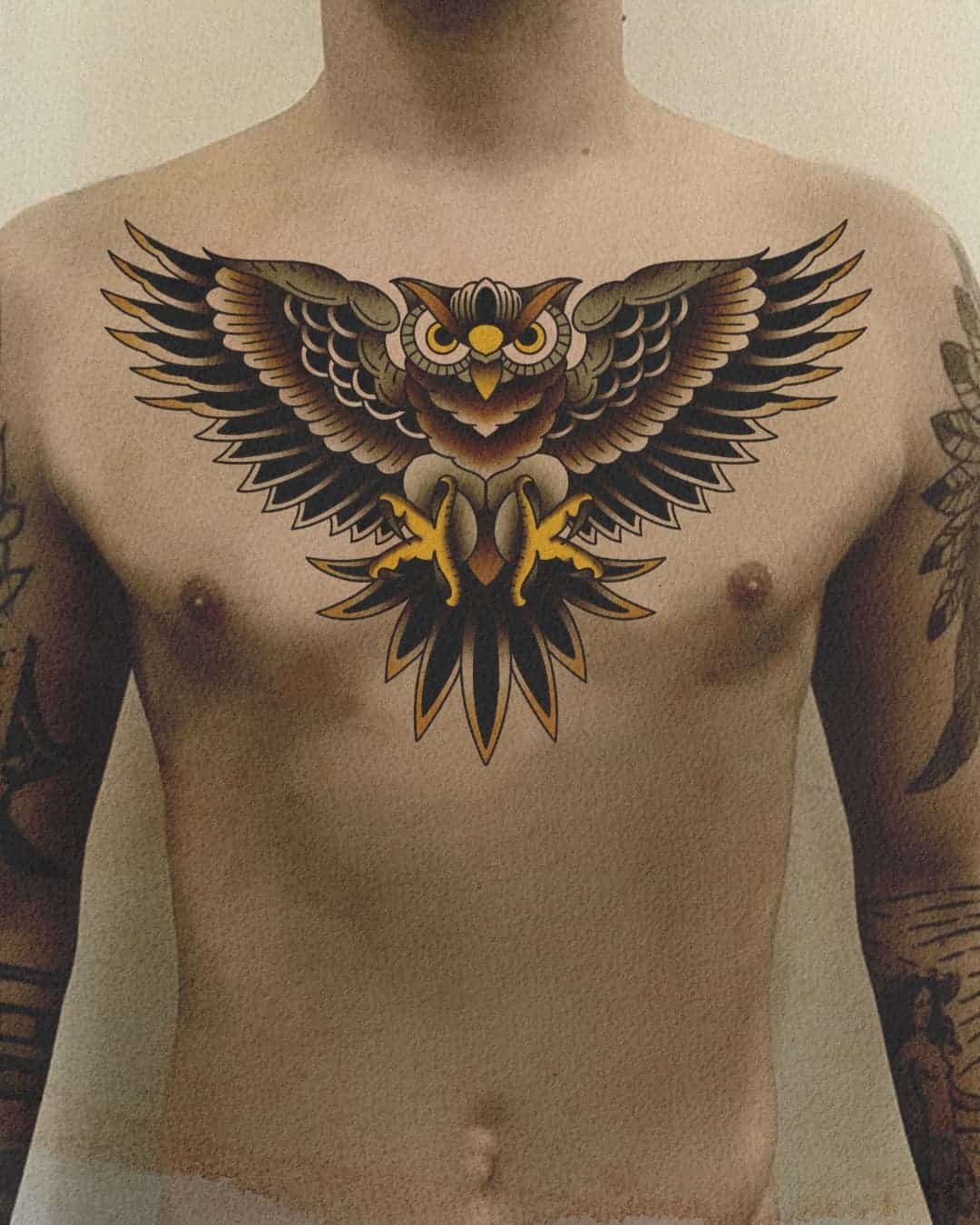 owl tattoo on chest by patrickkamminga tattoos