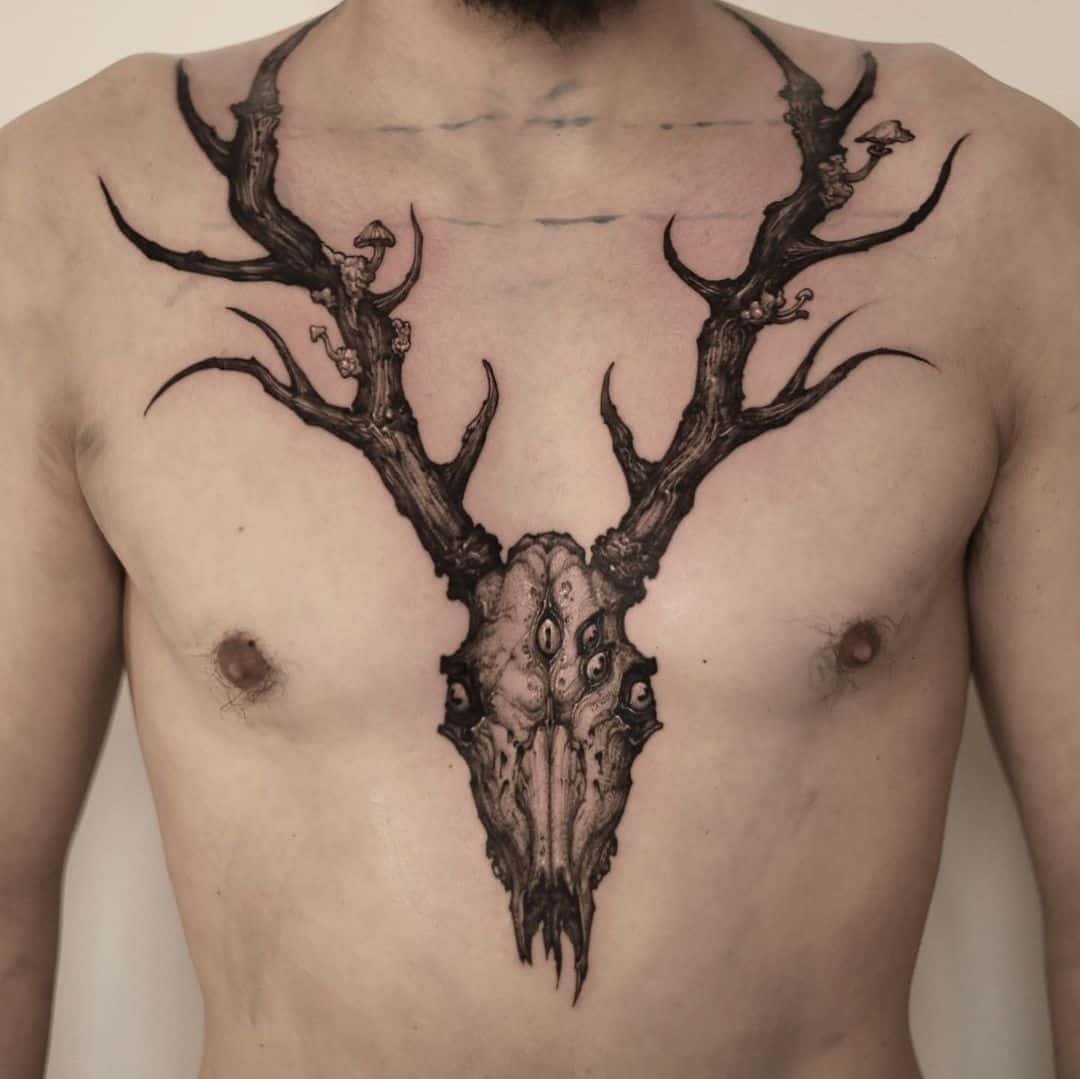 Mounted Deer Skull Wearing A Rose Best Temporary Tattoos| WannaBeInk.com