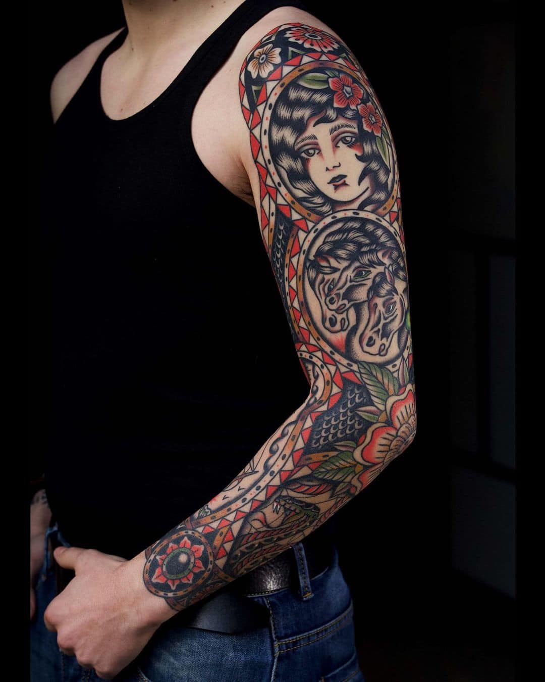 Traditional full sleeve tattoo by francesco scontrini