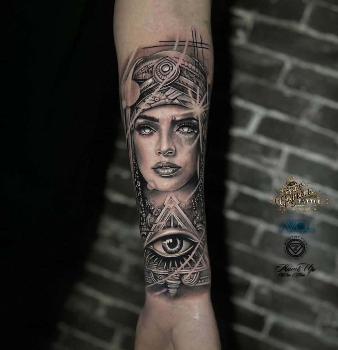 Amazing portrait tattoo design on forearm by grecampbelltattoo