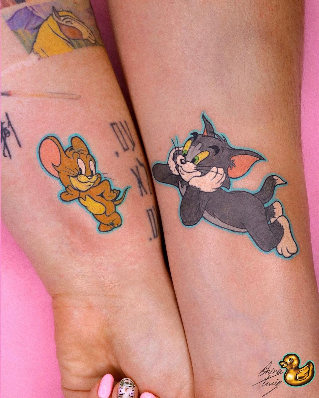 Colorful tom and jerry tattoo by shiratwig