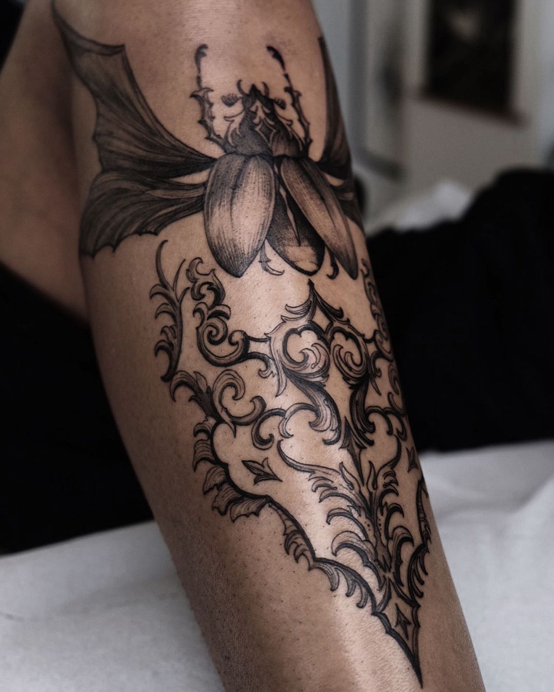 Beetle tattoos on leg by lyadiasharonhuughes