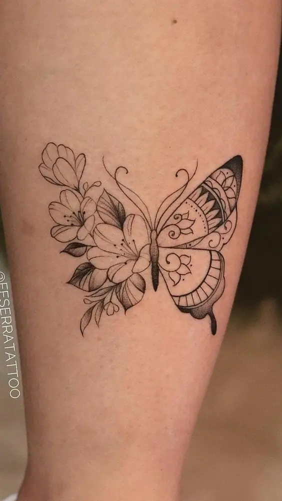 Fineline butterfly mandala tattoo
