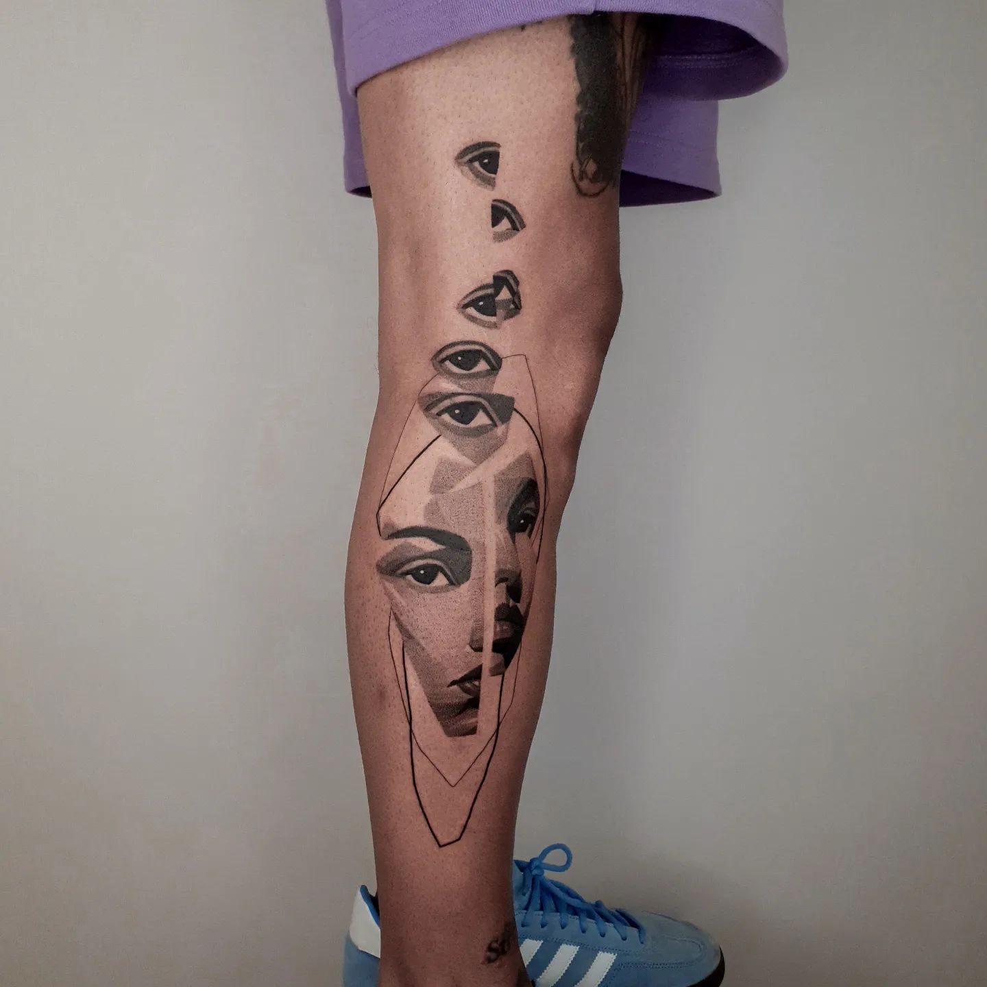 Portrait tattoo design on leg by mikekyrtatas