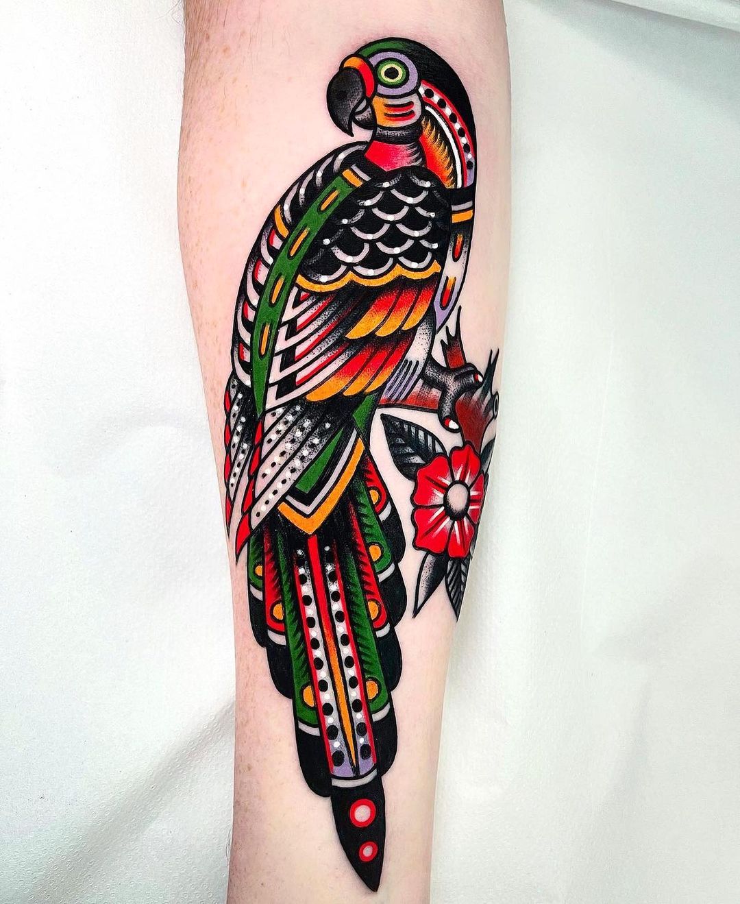 Traditional parrot tattoo by leatherlanetattoo