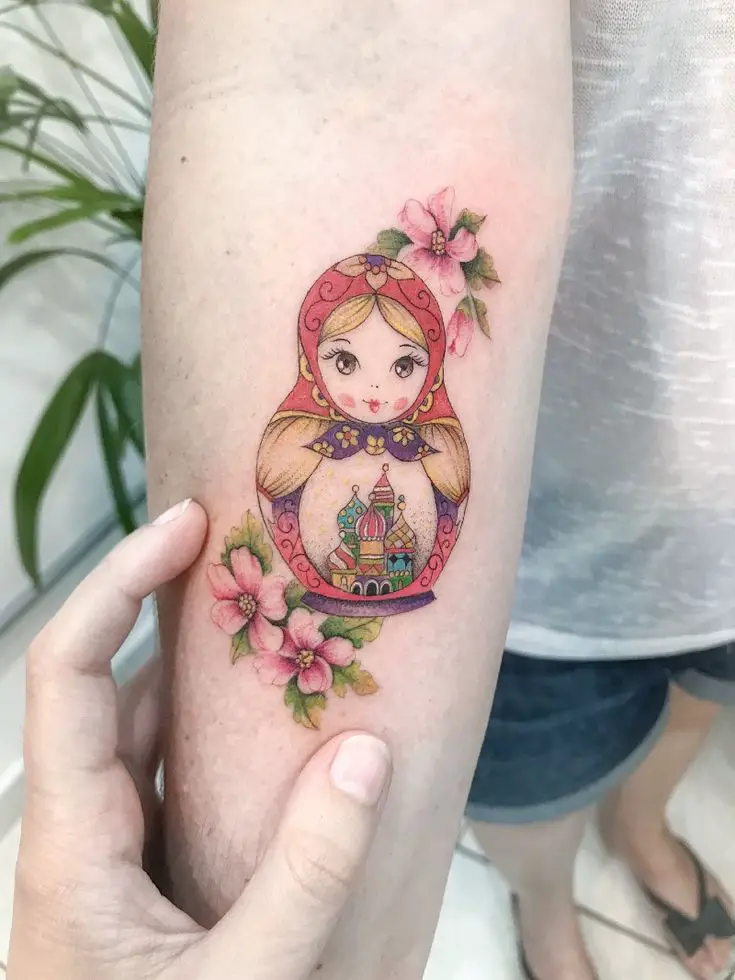 colorful doll tattoo for women