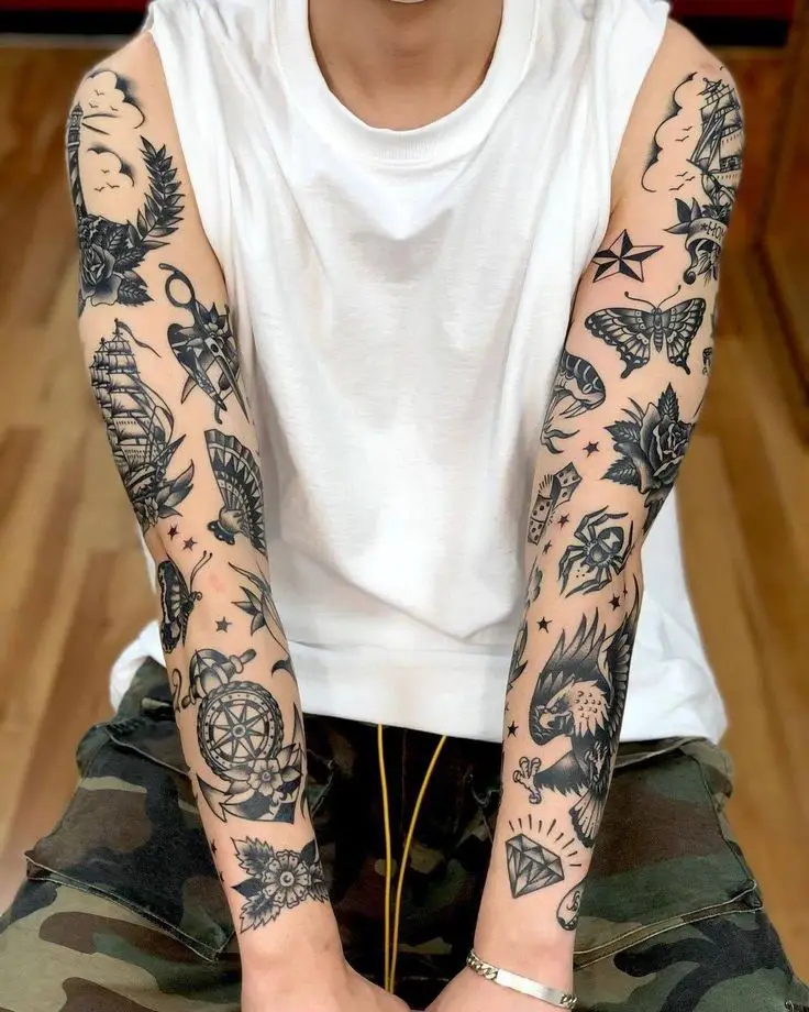 full arm sleeve traditional tattoos for men