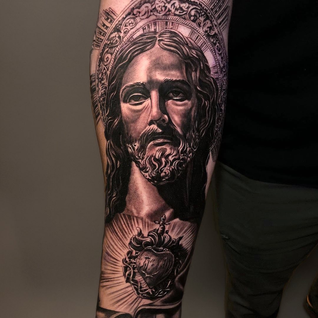 jesus sleeve tattoo by seventattoovegas