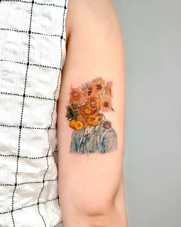 Faisal Al-lami on Instagram: “@tattoo.sal Cute sunflower tattoo in color  Only @seventhsealtattoo —- —- For booking and in… | Tattoos, Sunflower  tattoo, Leaf tattoos