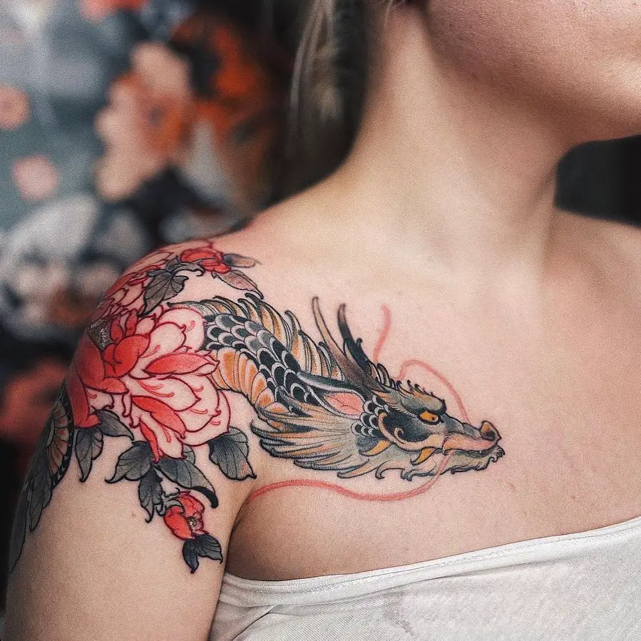 Shoulder on dragon tattoo for women by auraninetyfour