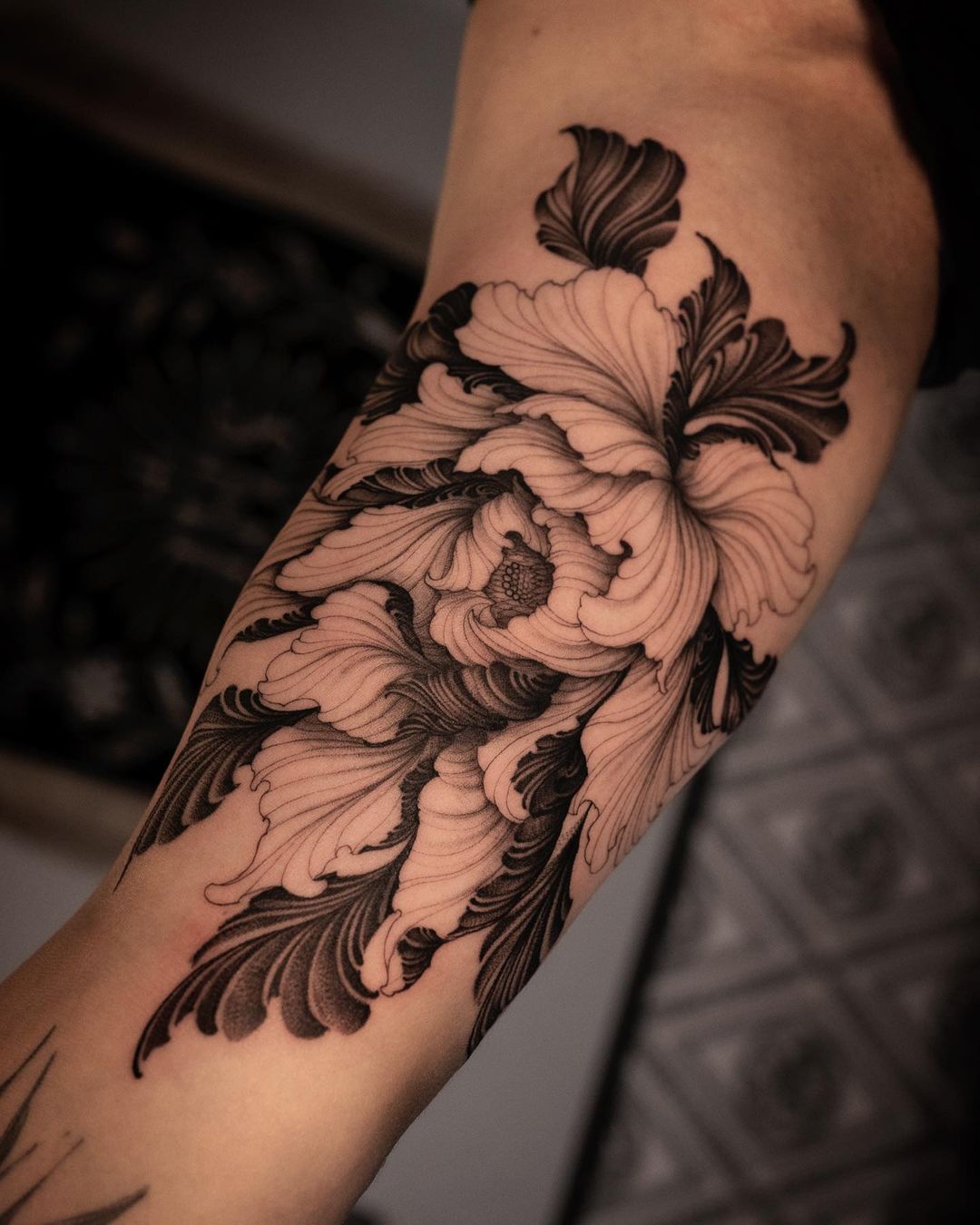 black inked peony tattoo by sagaegrim