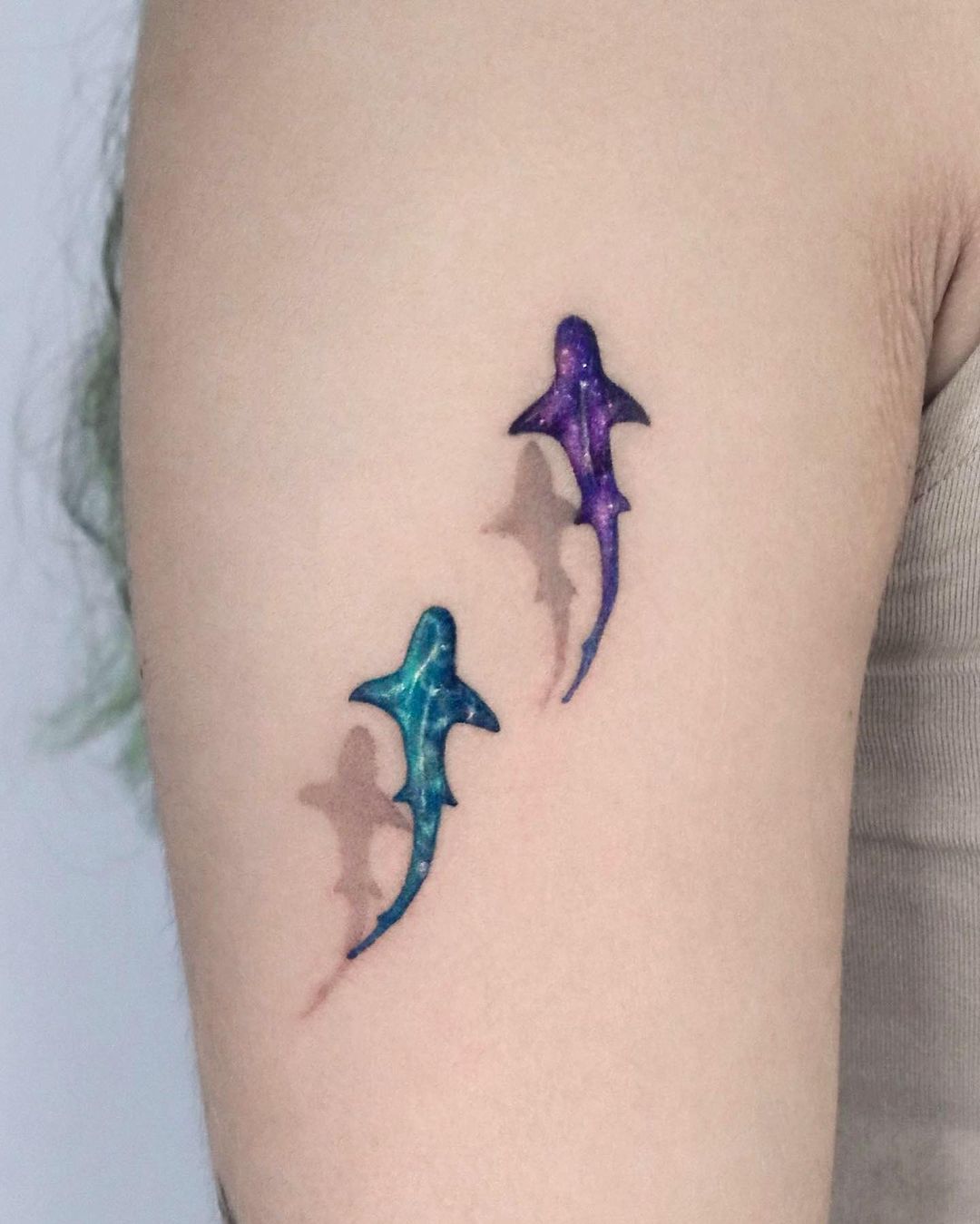 Nancy Abraham Tattoos — Whale Shark swimming in watercolor space tattoo  by...