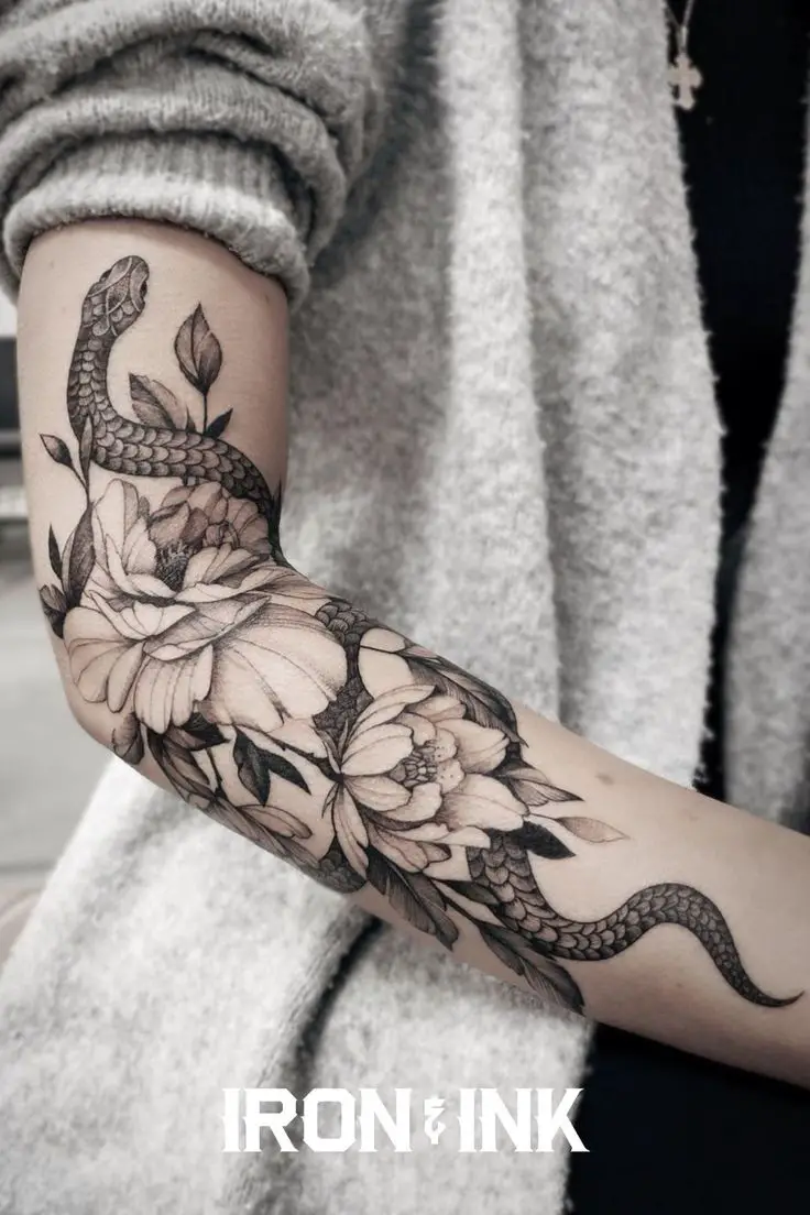 peony and snake tattoo design