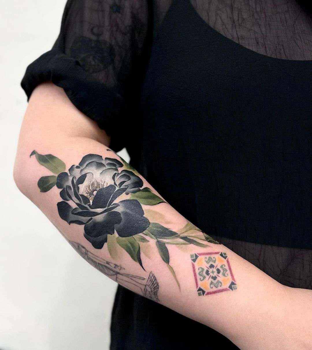 peony tattoos on forearm by guppy.flowertattoo