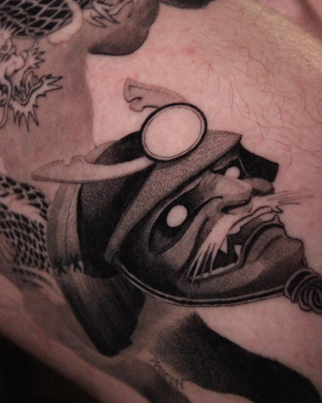 samurai helmet tattoo by john trad tattoo