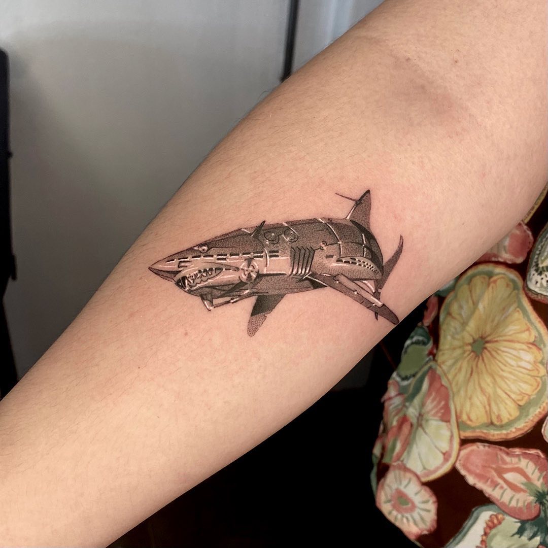 shark on forearm tattoo by yeontaan