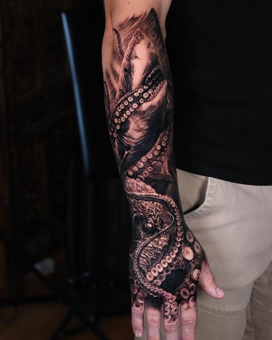 shark on forearm tattoo design by jimleclerctattoo