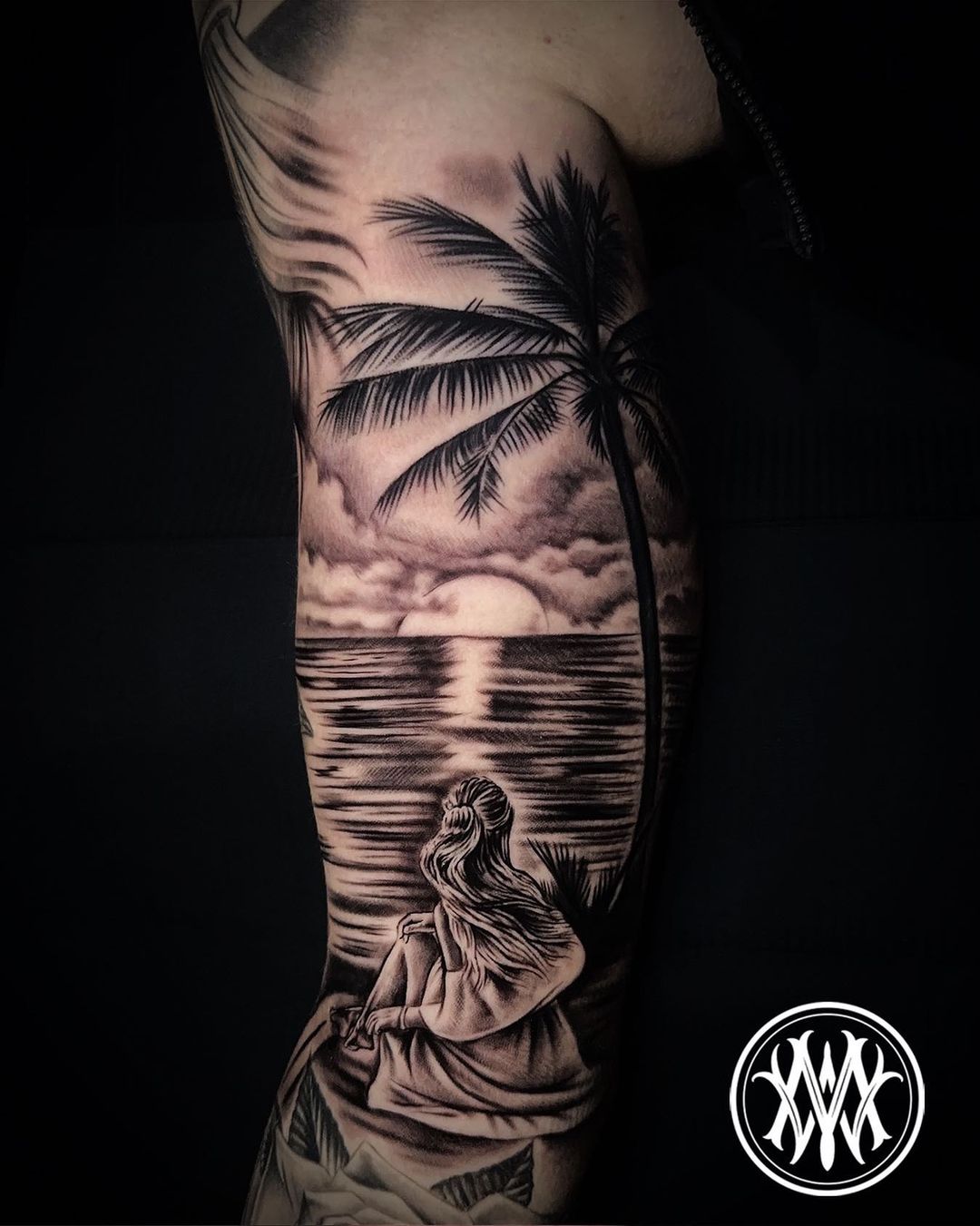 Black inked beach and sunset tattoos by mostwantedtattooshamburg
