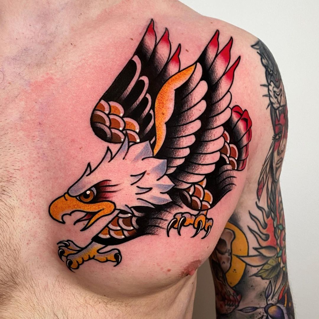 Neo traditional eagle on chest by leonwalkertattoo