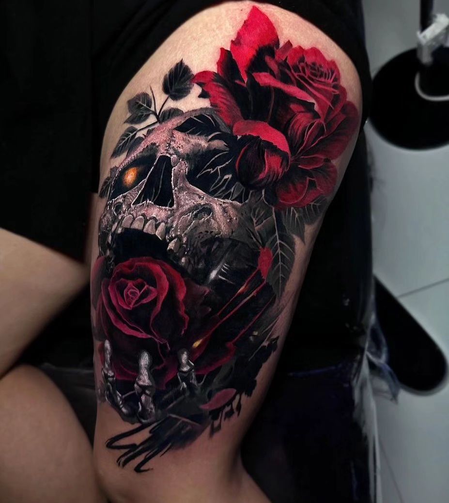 Skull and rose tattoo by skulls.365