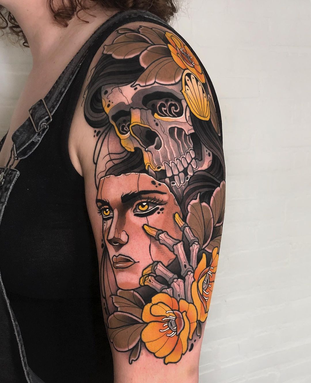 skull sleeve tattoo by jj.neotraditional