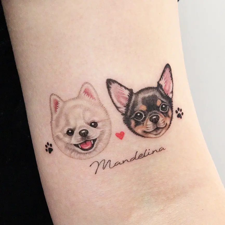 upper arm dog tattoo by tattooist nanci