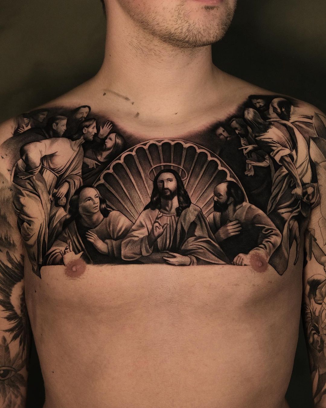 Amazing jesus tattoo on chest by martinrothe