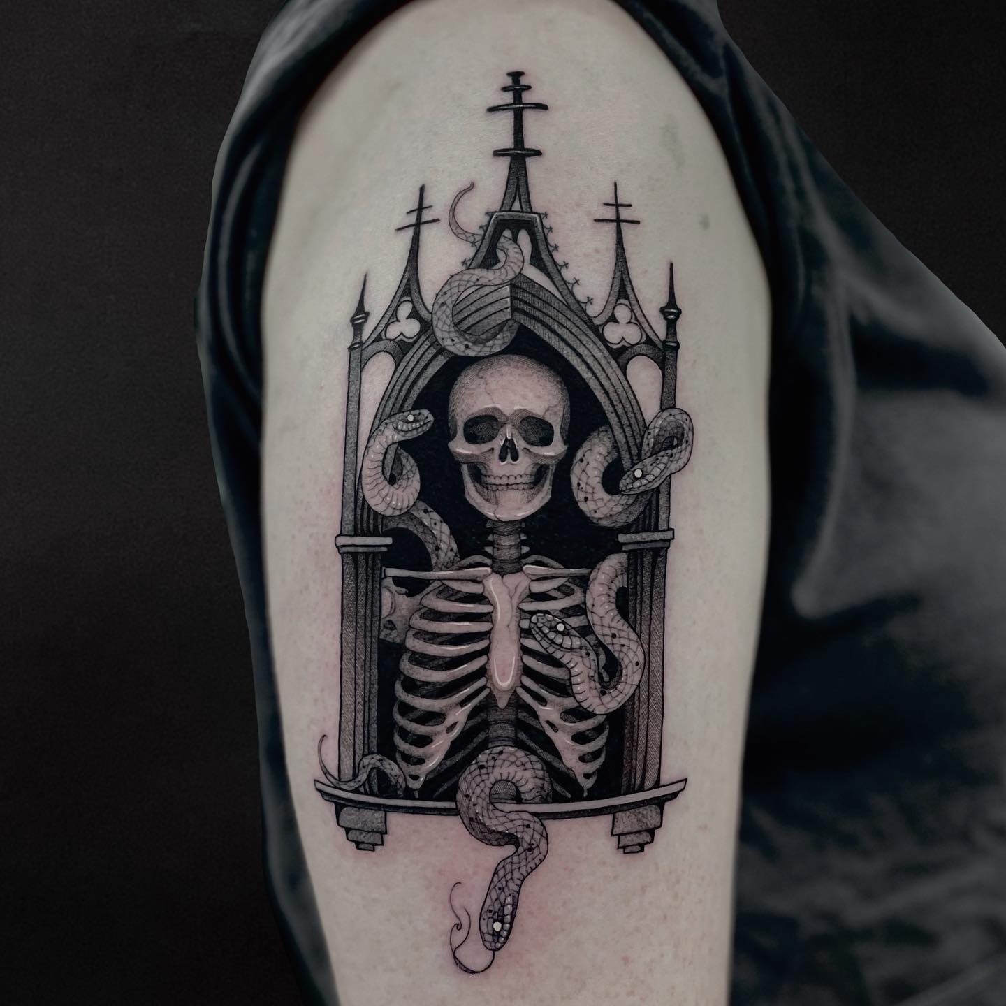 Blackwork skull on arm by danjitattoo