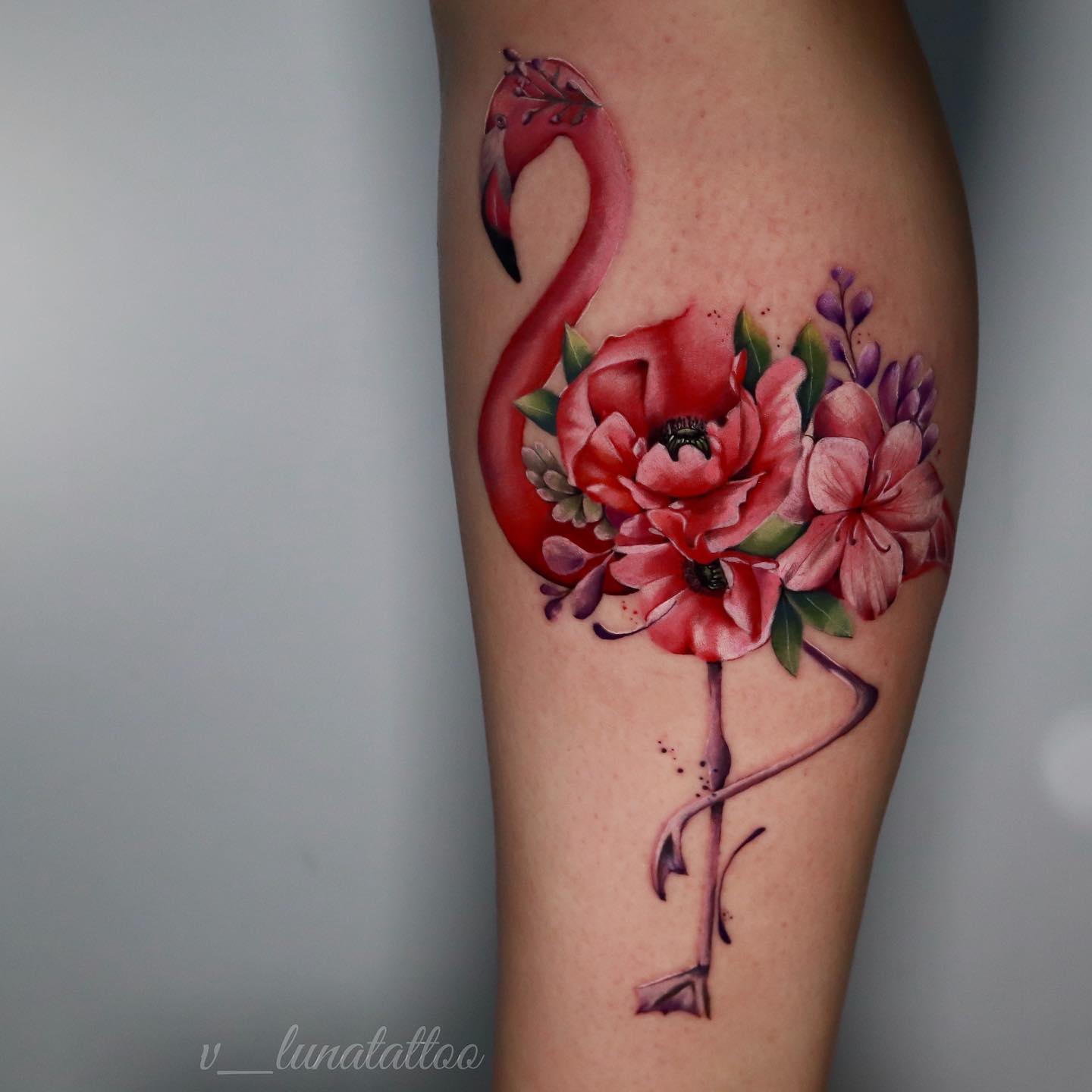 Floral flamigo tattoos by v lunatattoo