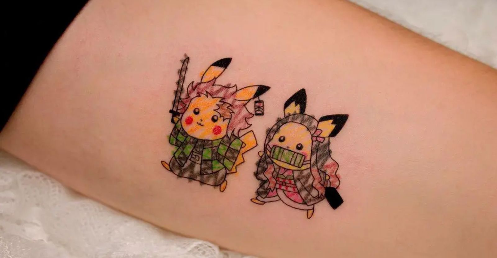 Pickachu sitting on a lion listening to music with music notes and thunder  bolts tattoo idea | TattoosAI
