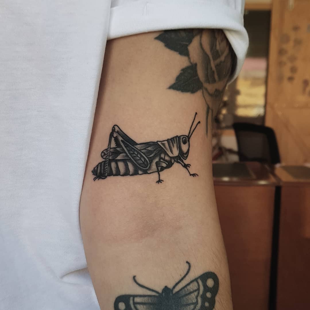 Black inked grasshopper tattoo by rios.tattoos