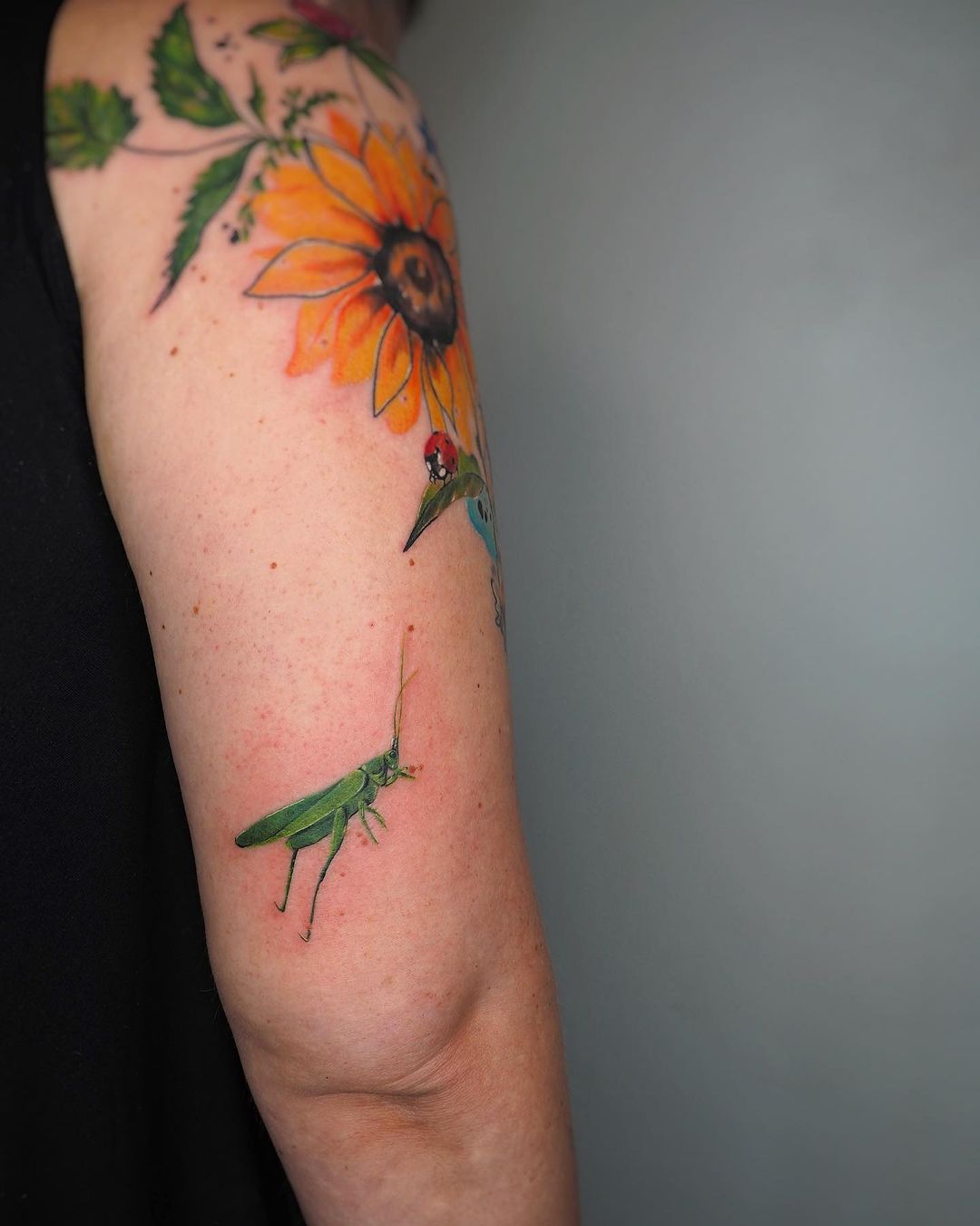 Minimalistic grasshopper tattoo by moni lien pham