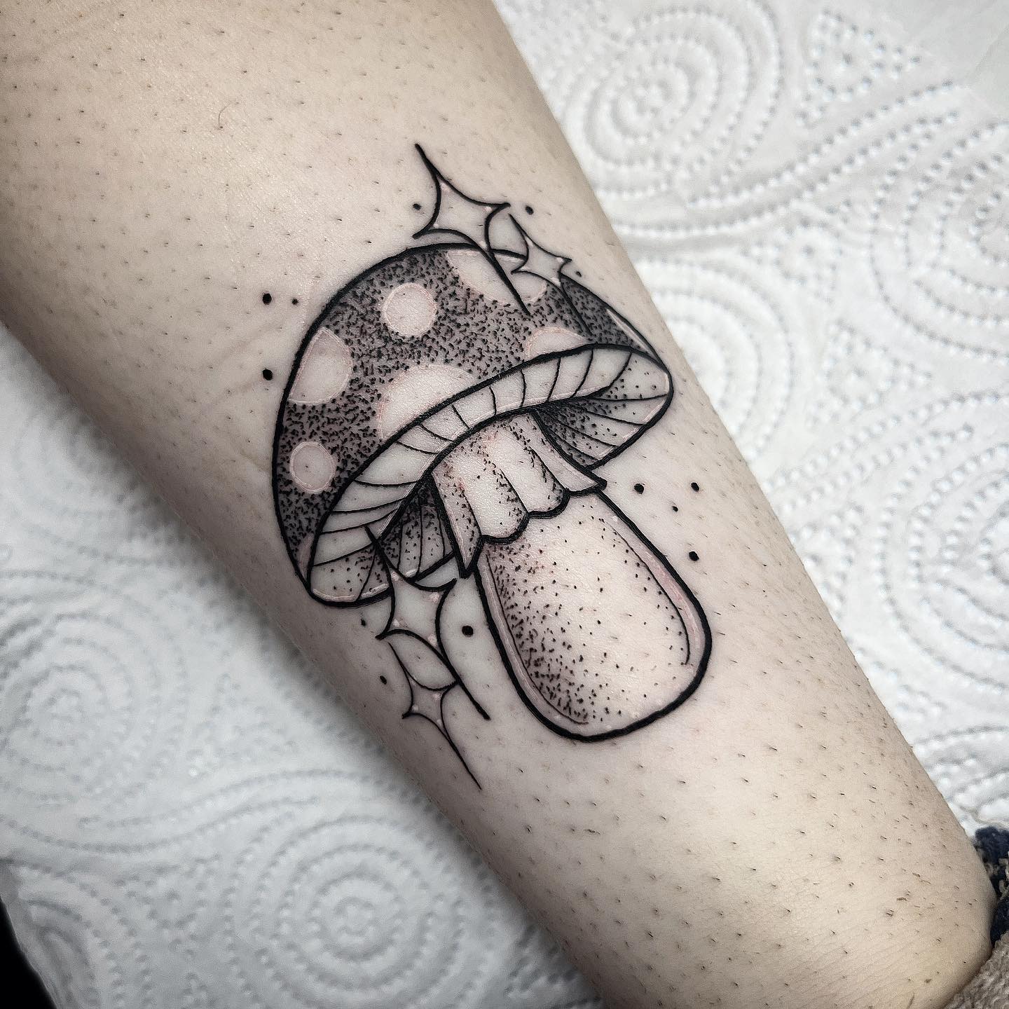 black and gray mushroom tattoos by oho.emgtattoo