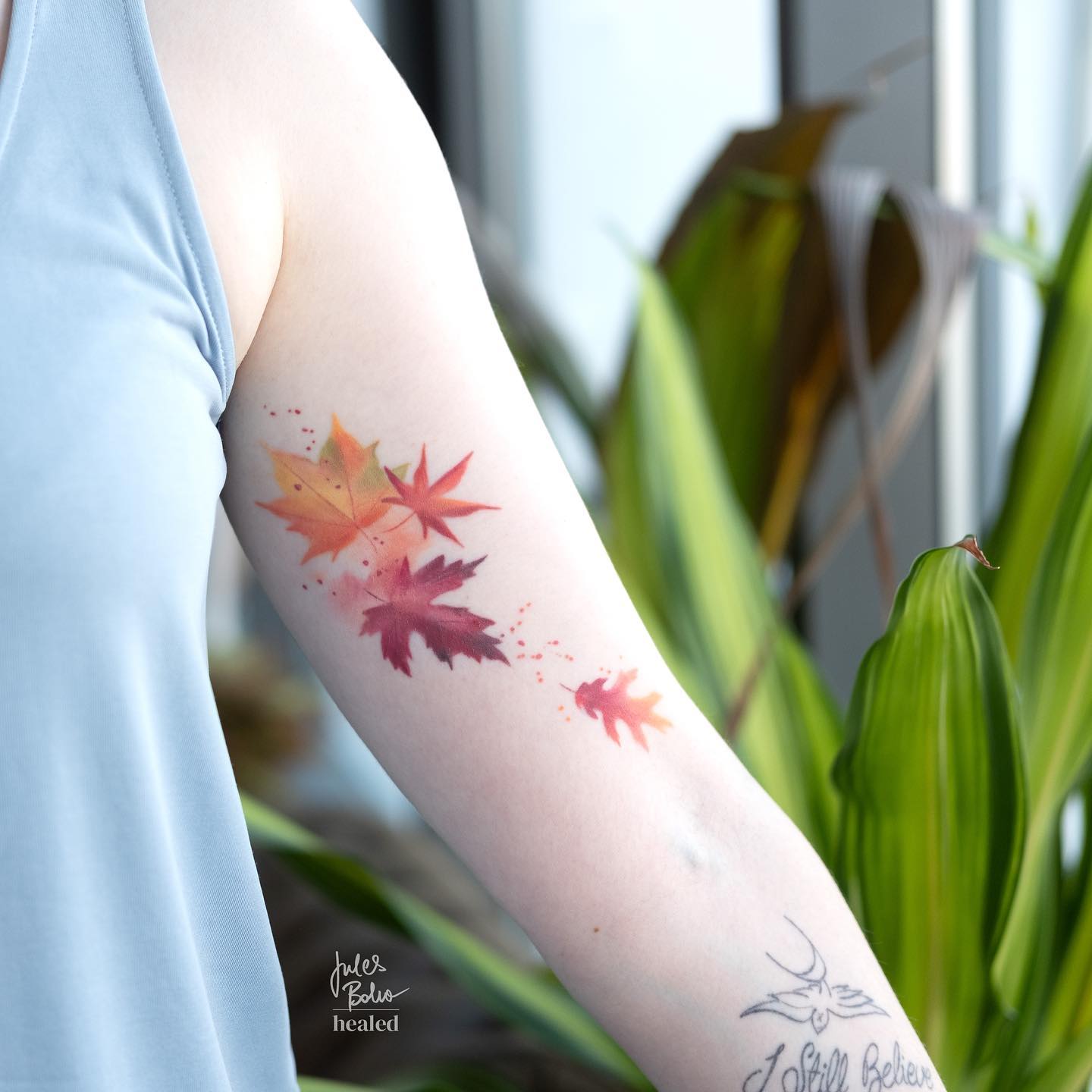 watercolor leaf tattoo by julesboho.tattoo