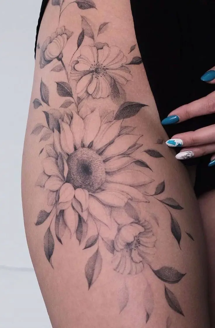 Sunflower tattoos on the thigh