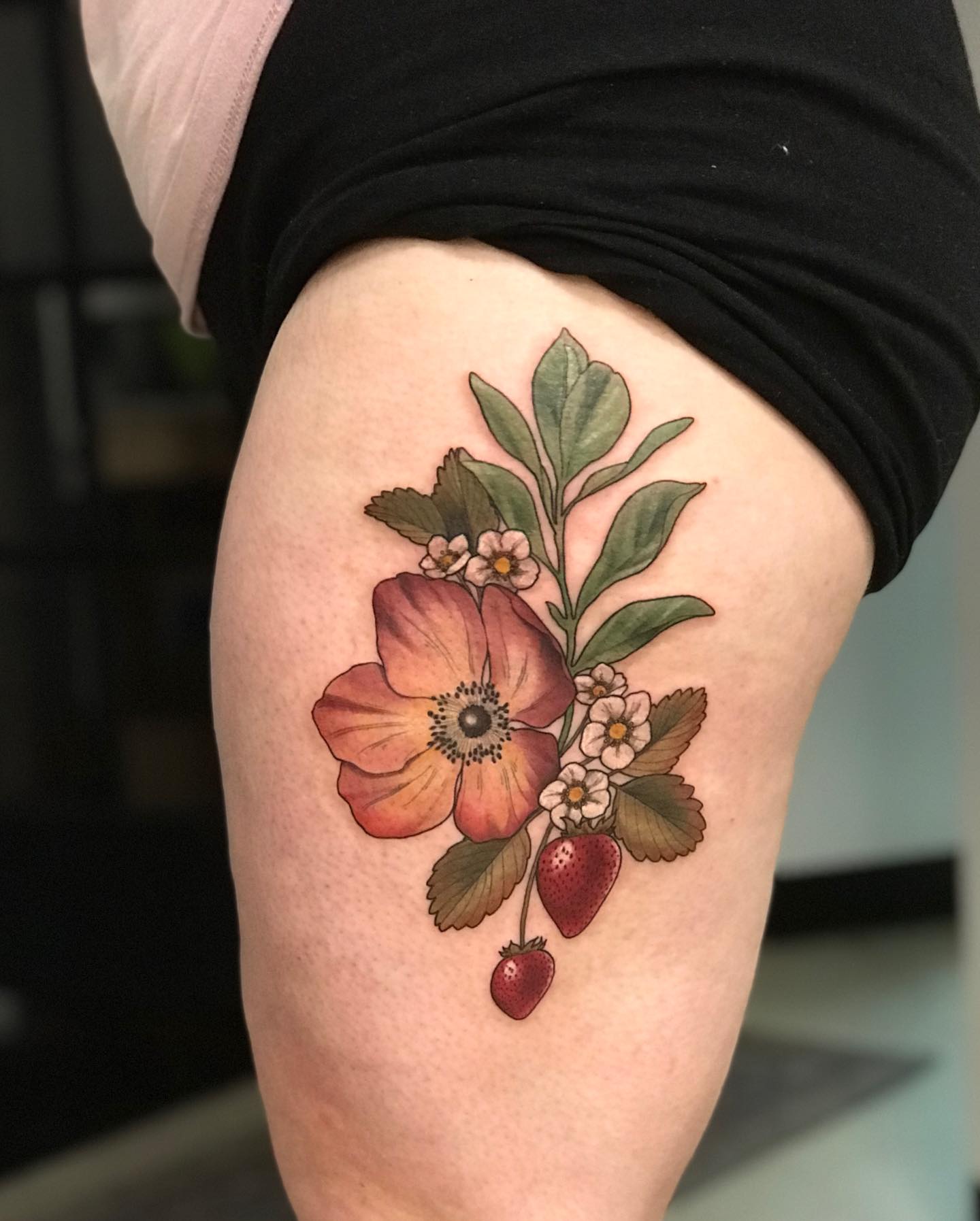 floral tattoo on thigh by daughterofmars.tattoos