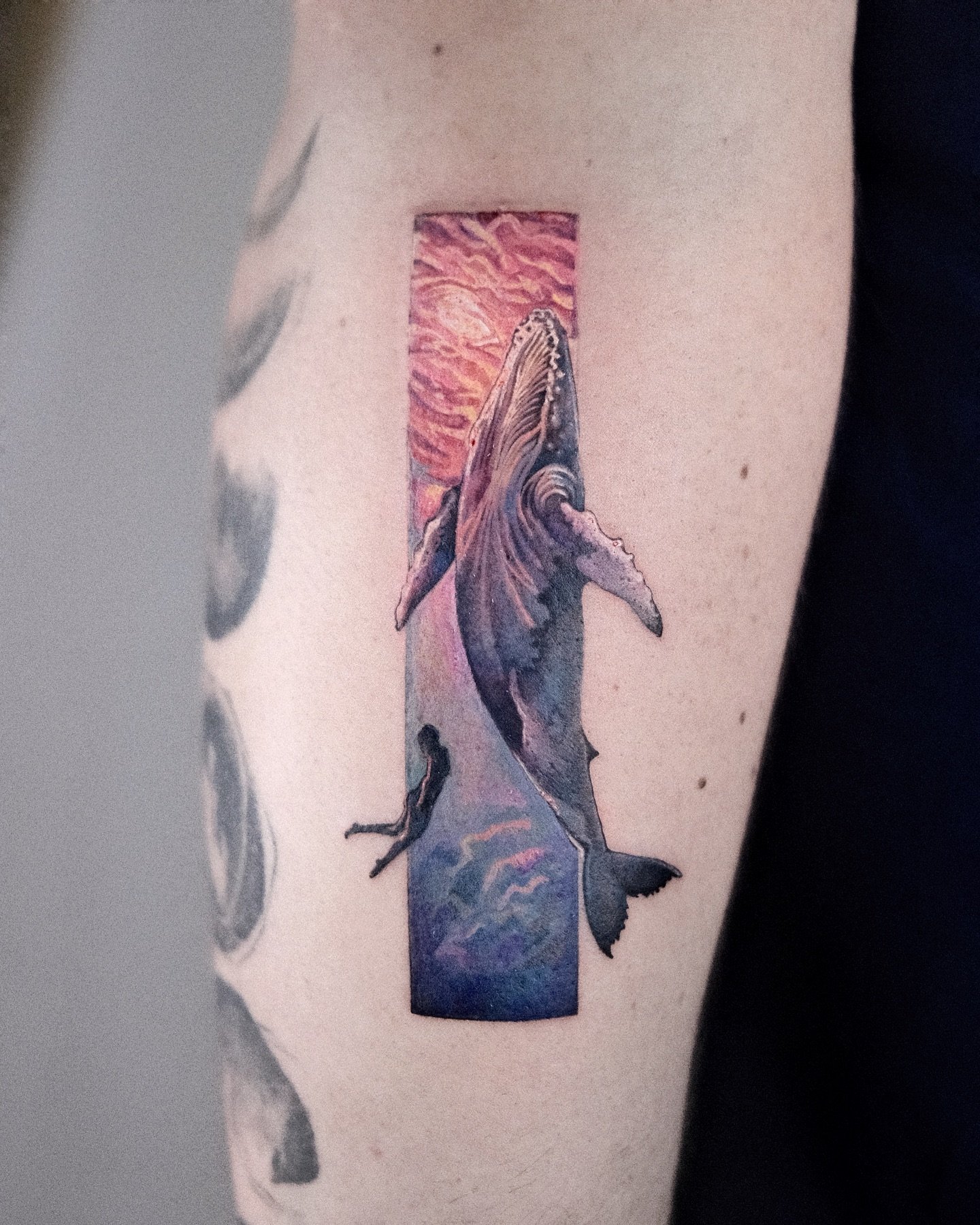 Watercolor whale tattoos by elva ink